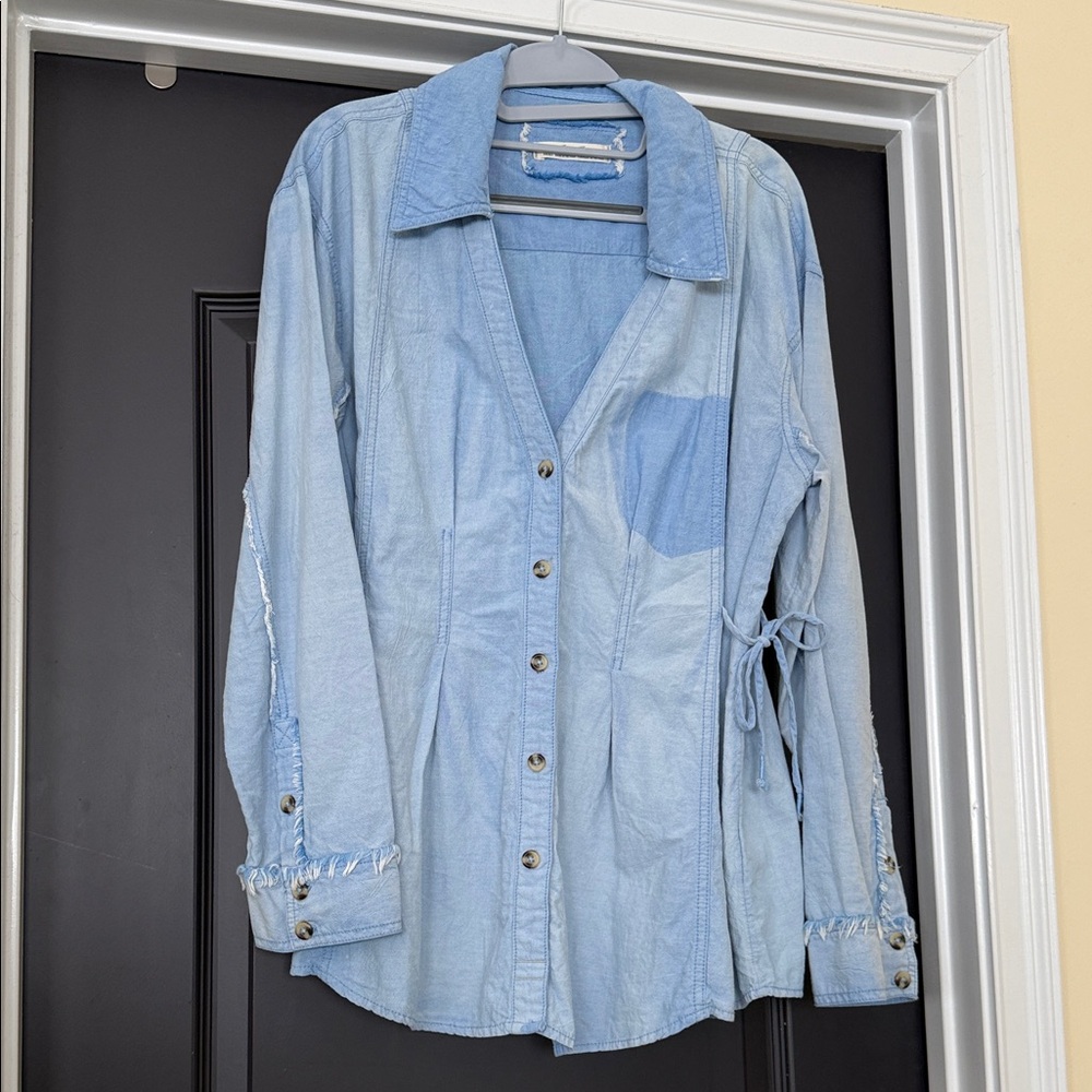 We The Free Washed Denim Side Tie Chambray Button Down Blouse